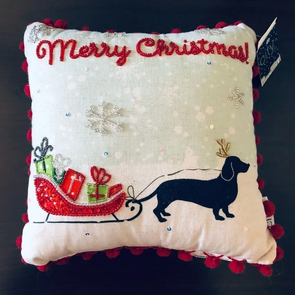 Christmas Dachshund Reindeer Dog Sleigh Beaded Holiday Decor Throw Pillow